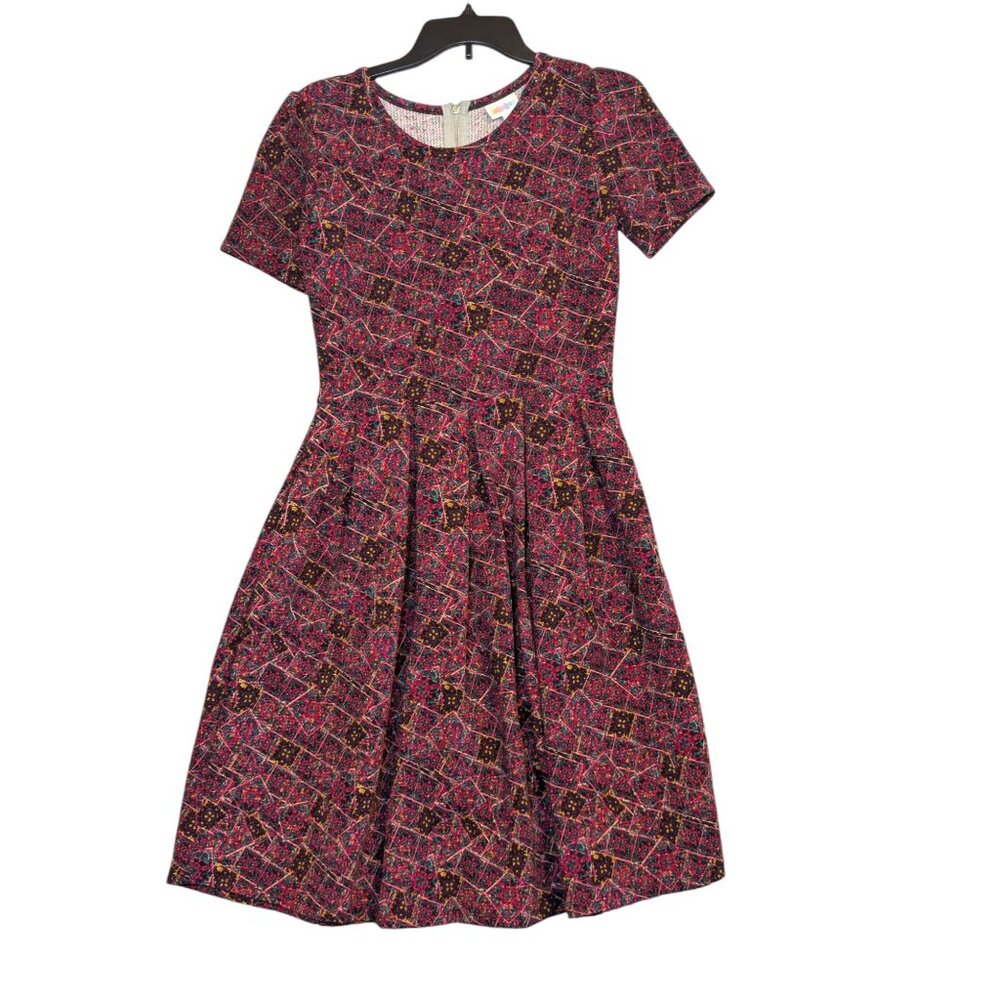 LuLaRoe Amelia Dress S Multicolor Geometric Print Short Sleeve With Pockets Colo
